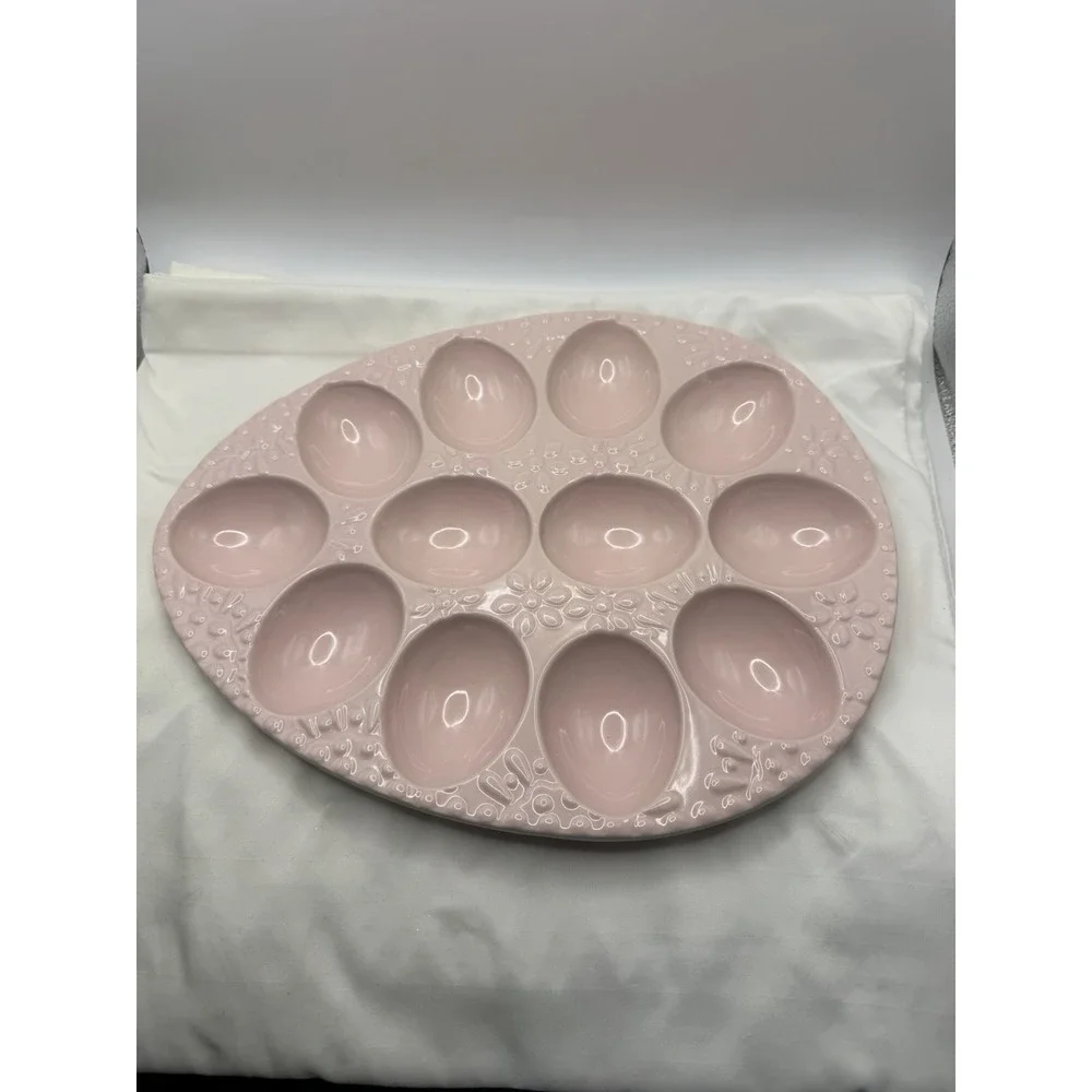 Ceramic Deviled Egg Plate Pastel Pink Classic Style,Dish In Egg Shape, 12 Eggs